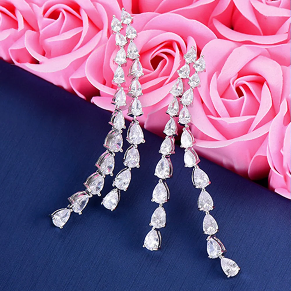 

Kellybola Waterdrop Shape Pierced Tassel Dangle Earrings Fashion Jewelry Cubic Zirconia Inlaid Earrings High Quality