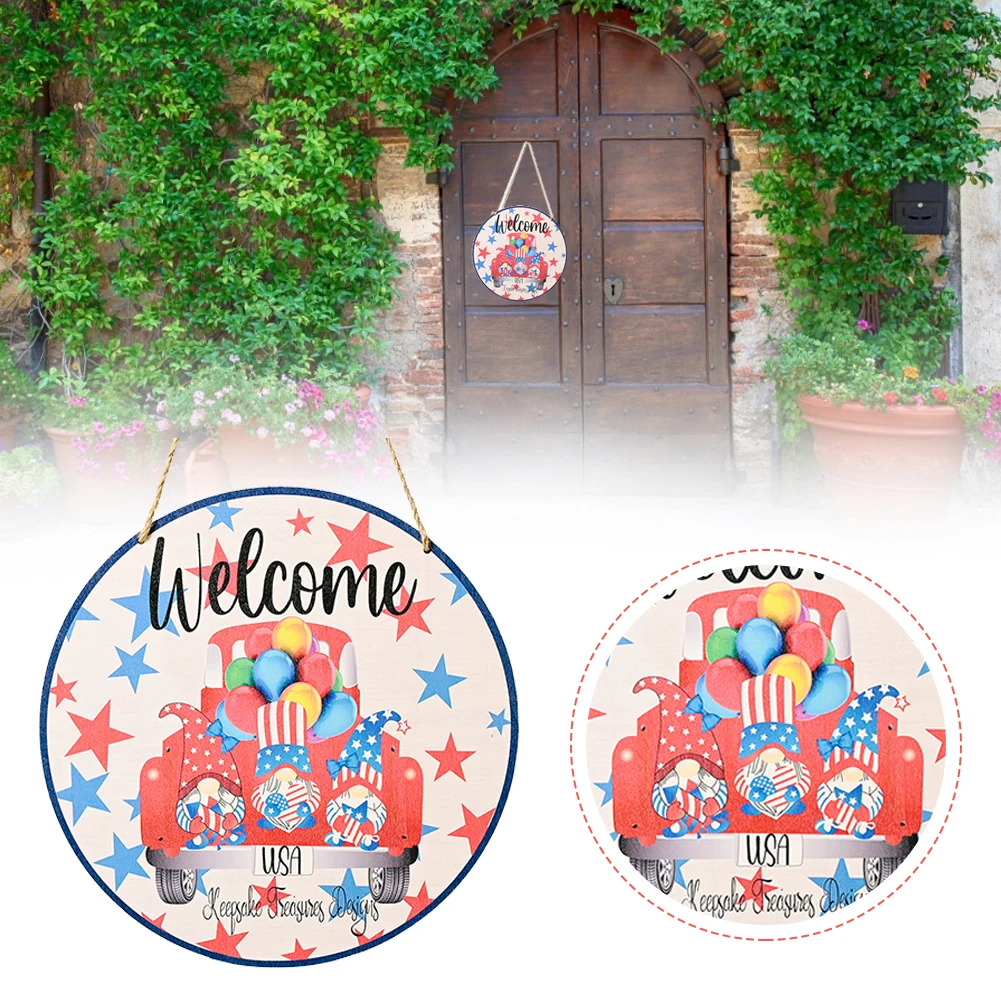 

Welcome Wood Sign Independence Day Wood Hanging Sign Patriotic Welcome Round Door Sign Wooden Hanging Wall Plaque