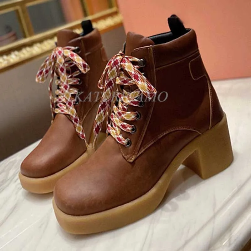 

Women Chunky Heels Boots Retro British Style Martin Boots Round Toe High Heels Ladies Lace Up Boots Casual Stylish Shoes Botas