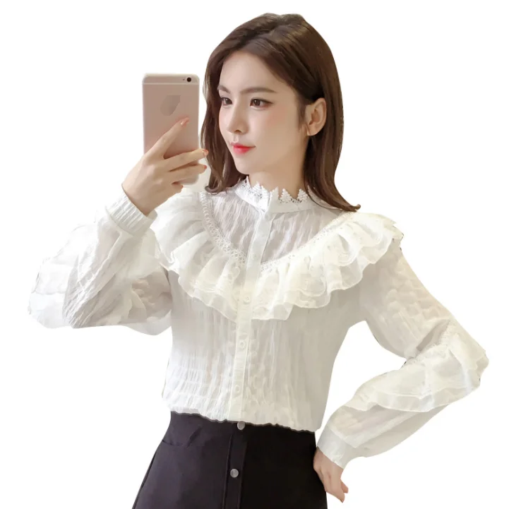 Блузка однобортная с оборками и длинным рукавом 2 цвета | Женская одежда