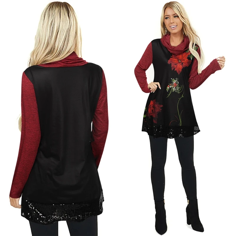 

Women Flower Printed Blouses Cowl Neck High Collar Long Sleeve Shirt Loose Pullover Tunic Tops