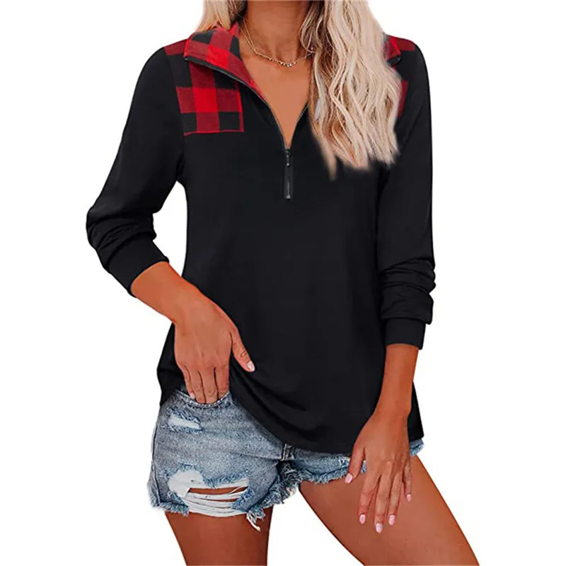 

New Product Plaid Printed Stitching Zipper Lapel Women T shirts Long-Sleeved Casual Fashion T-shirt Tops Loose Pullovers Autumn