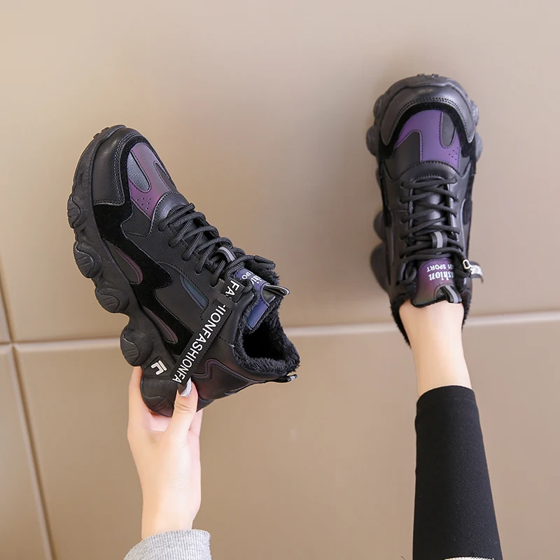 

Женские кожаные кроссовки, универсальные, на плоской подошве, на шнуровке, повседневные теплые, для бега, в стиле ретро, зима