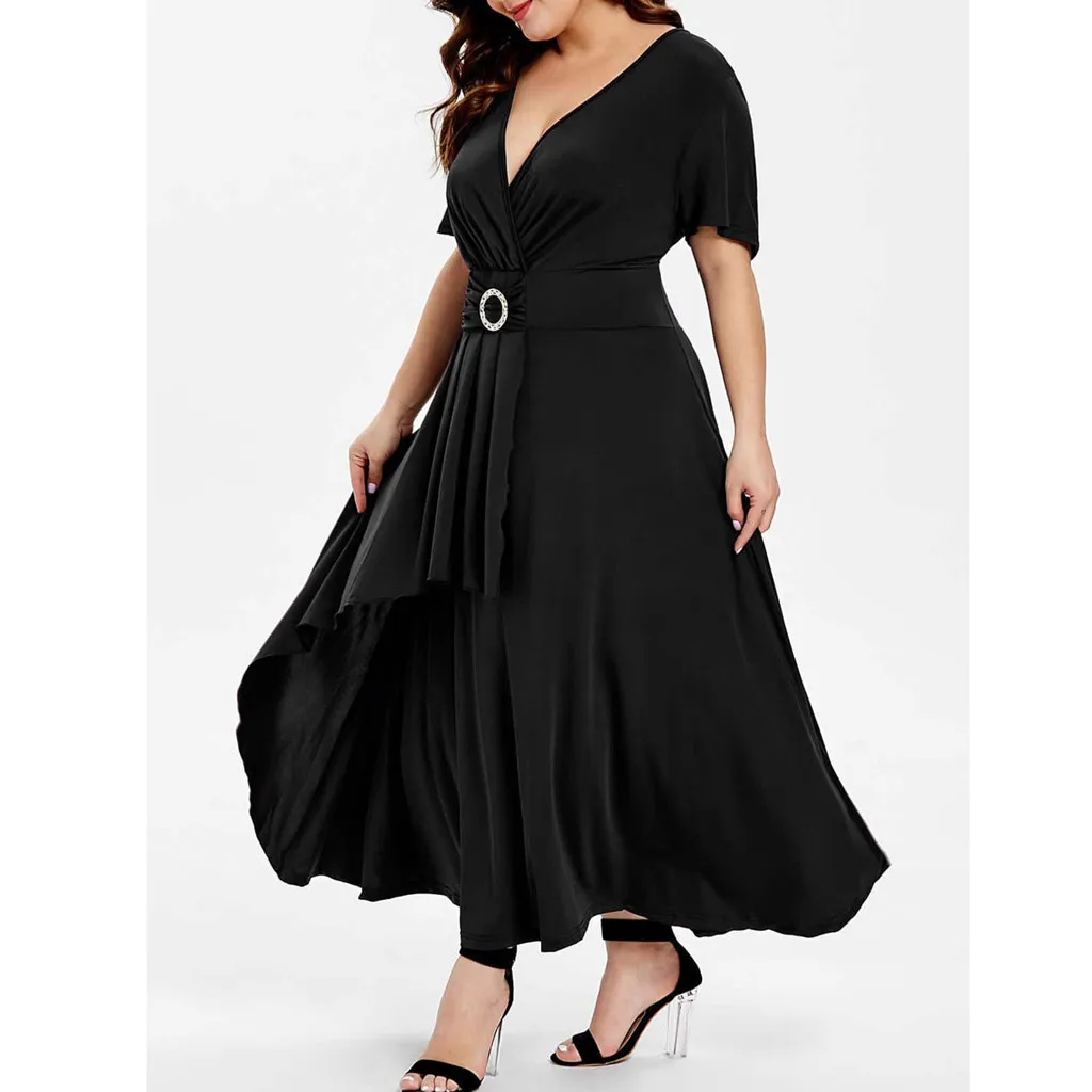 Женское вечернее платье черное большого размера с коротким рукавом и