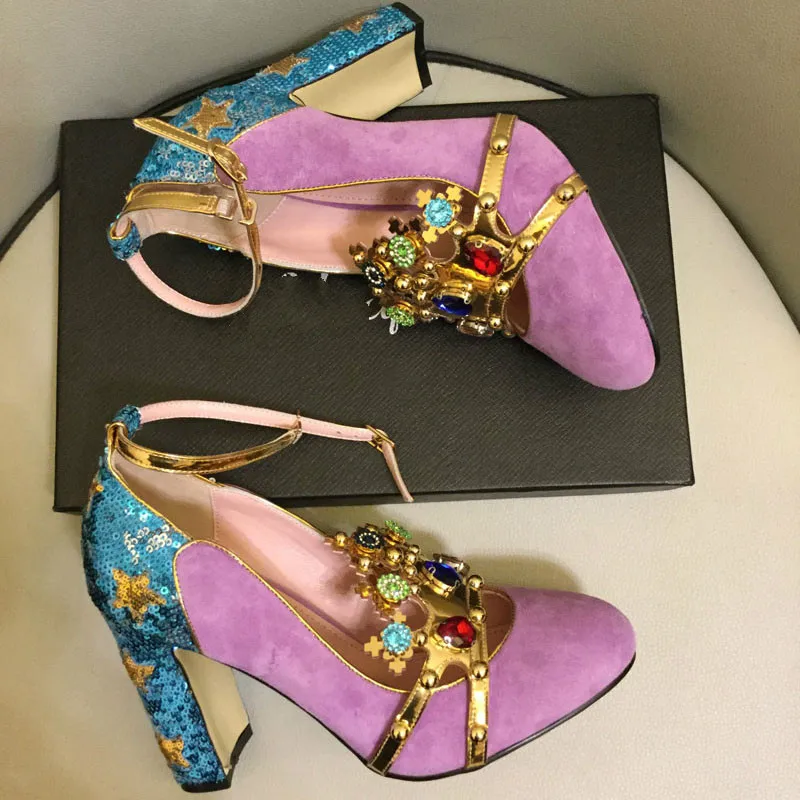 Pink Wine Red Kidsuede Women Pumps Rivets Rhinestone Crown Decor High Heels Mary Janes Flower Crystal Wedding Shoes for Ladies | Обувь