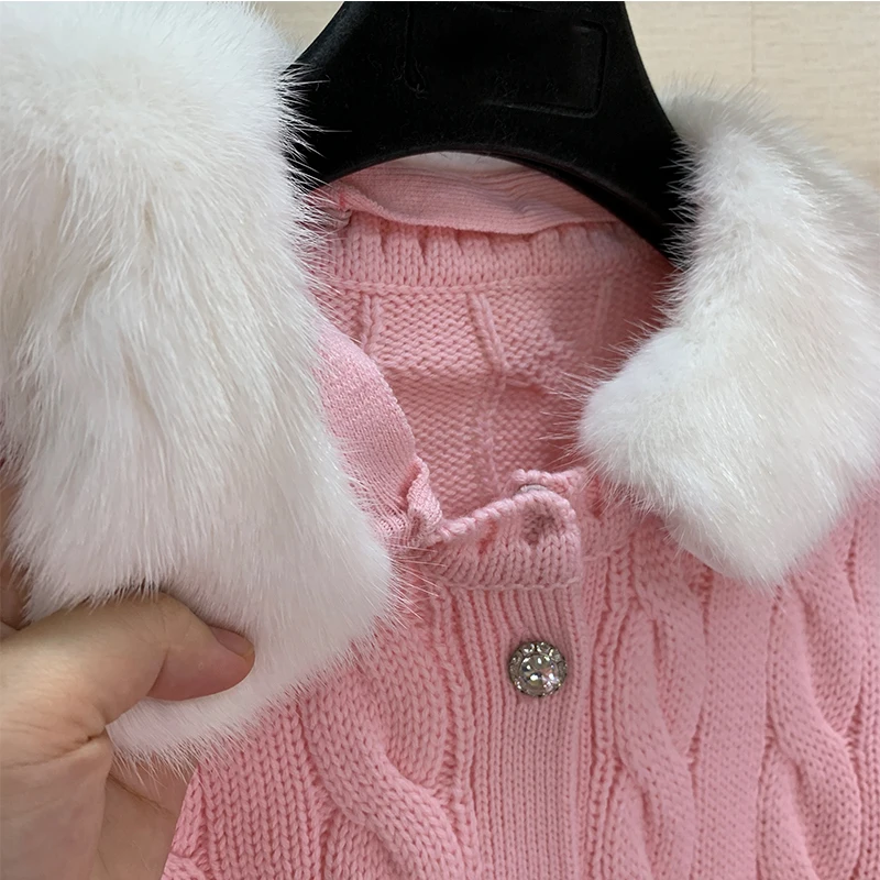 Белый норковый меховой воротник твист свитера Soild с длинным рукавом Femme