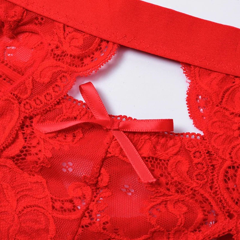 Lace Push-Up Bra and Panty Set with Garters - Women's Wire-Free Lingerie Set with Bralette, Thong, and G-String Panties image 5