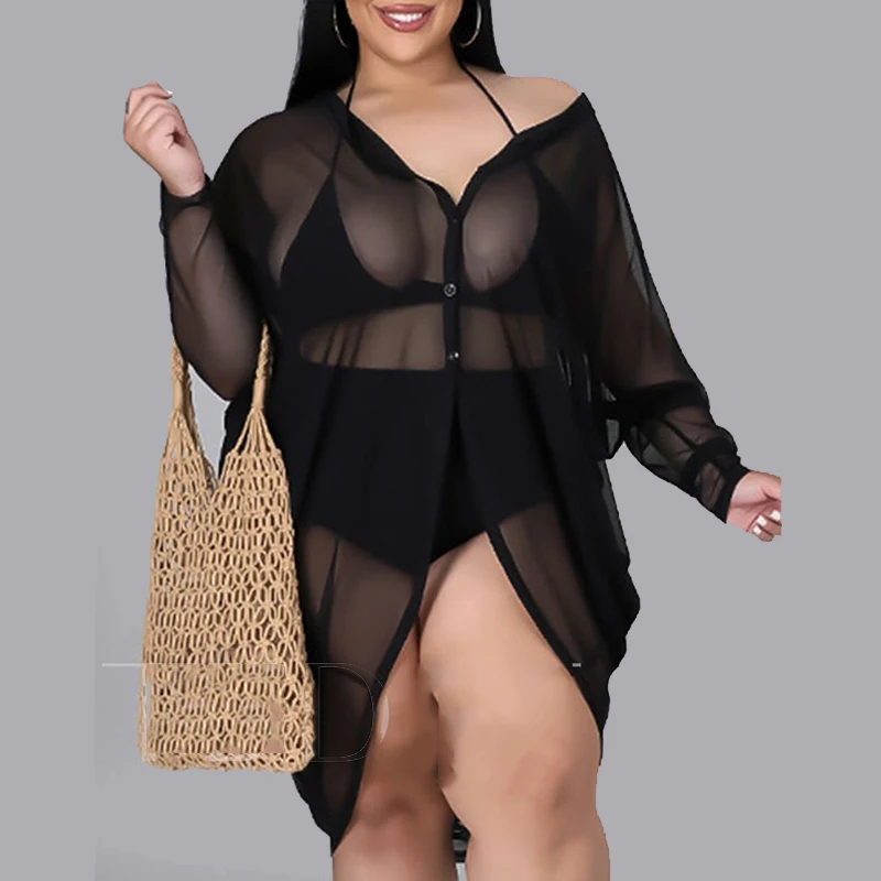 

Блузка женская прозрачная с длинным рукавом, на пуговицах, в пляжном стиле