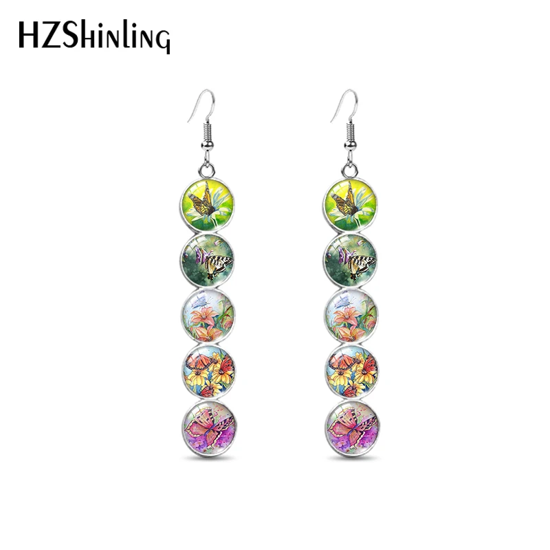 

2021 Trendy Butterfly with Flower Dangle Earring Art Painting Glass Long Jewelry Fish Hook Earrings Gifts Girl