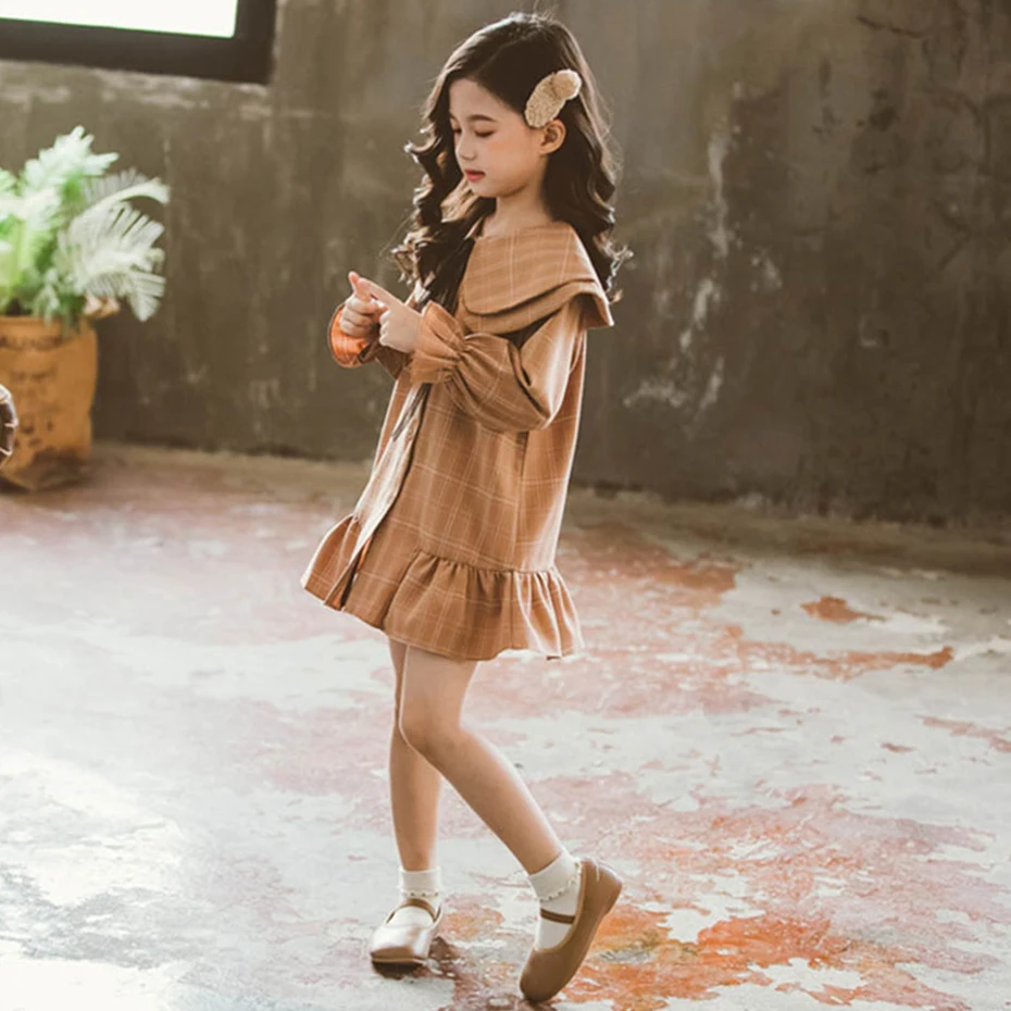 Платье для девочек платья в клетку детское платье с расклешенными рукавами и