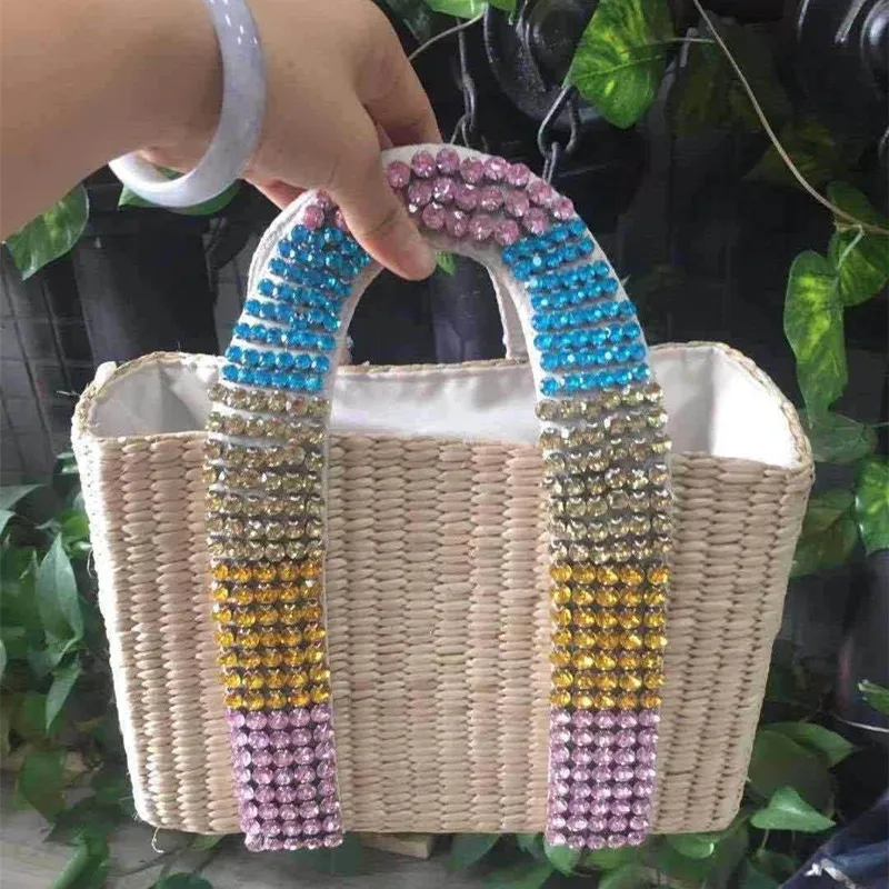 The New Diamond Straw Bag Hand Sewn Water Drill Beaded Ladies Handbags Woven Basket For Women | Багаж и сумки