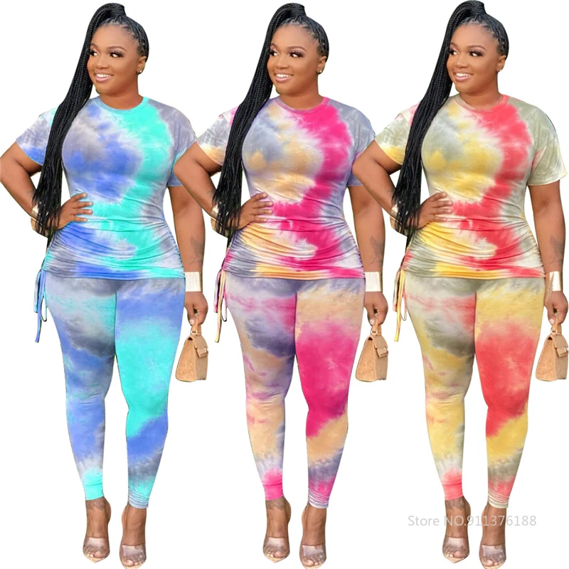 

Summer Sweat Suits Wholesale Clothing Women Sets Short Sleeve Top and Pants Tie Dye Set Women Plus Size Outfits Dropshipping