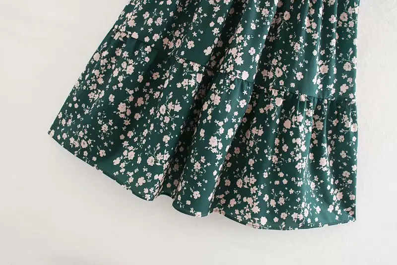 New Women O neck flower print pleated elastic casual midi Dress ladies three quarter sleeve spring vestidos chic Dresses DS3057