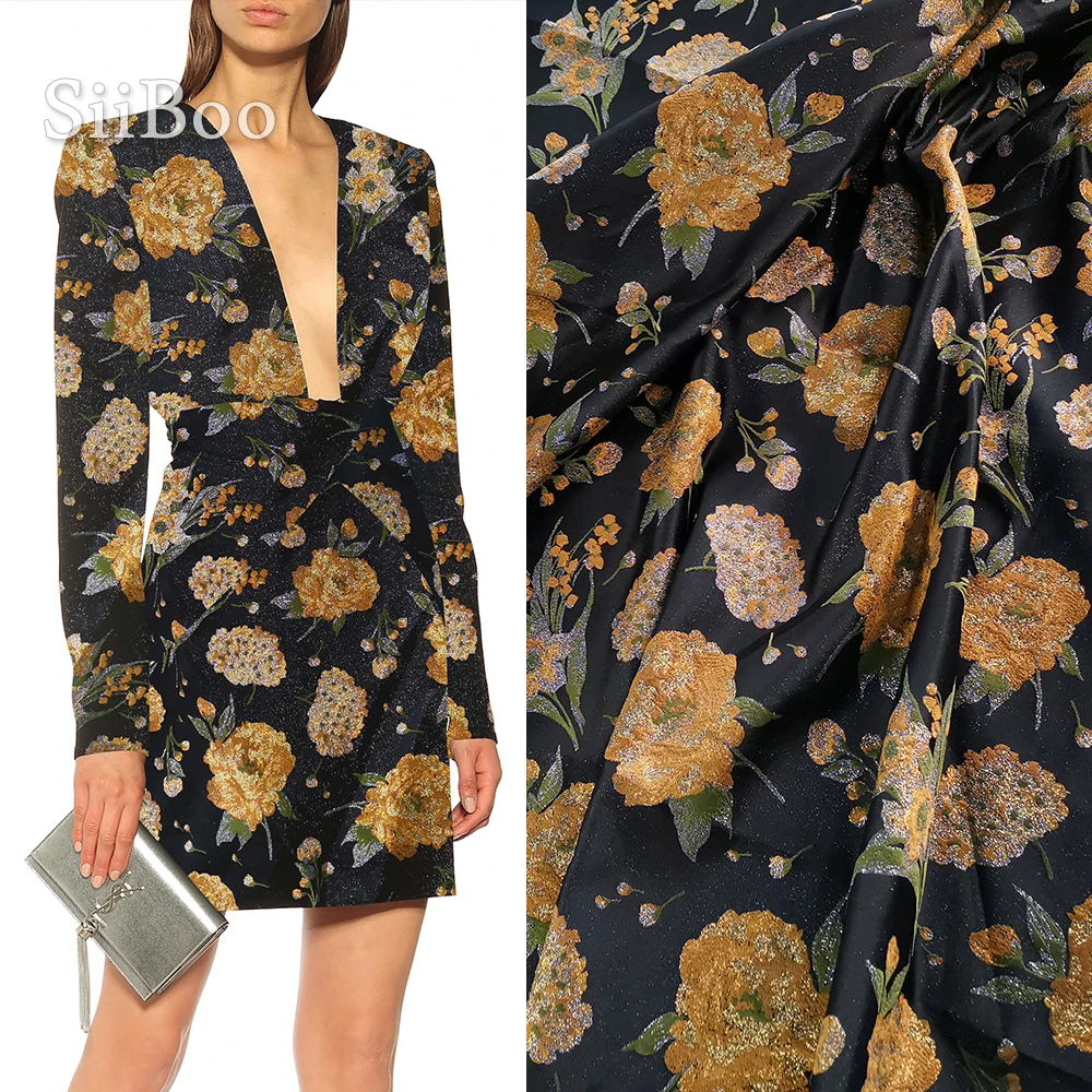 

France style black gold floral metallic jacquard brocade fabric apparel for coat dress tissu tecido stoffen fabrc telas SP5423