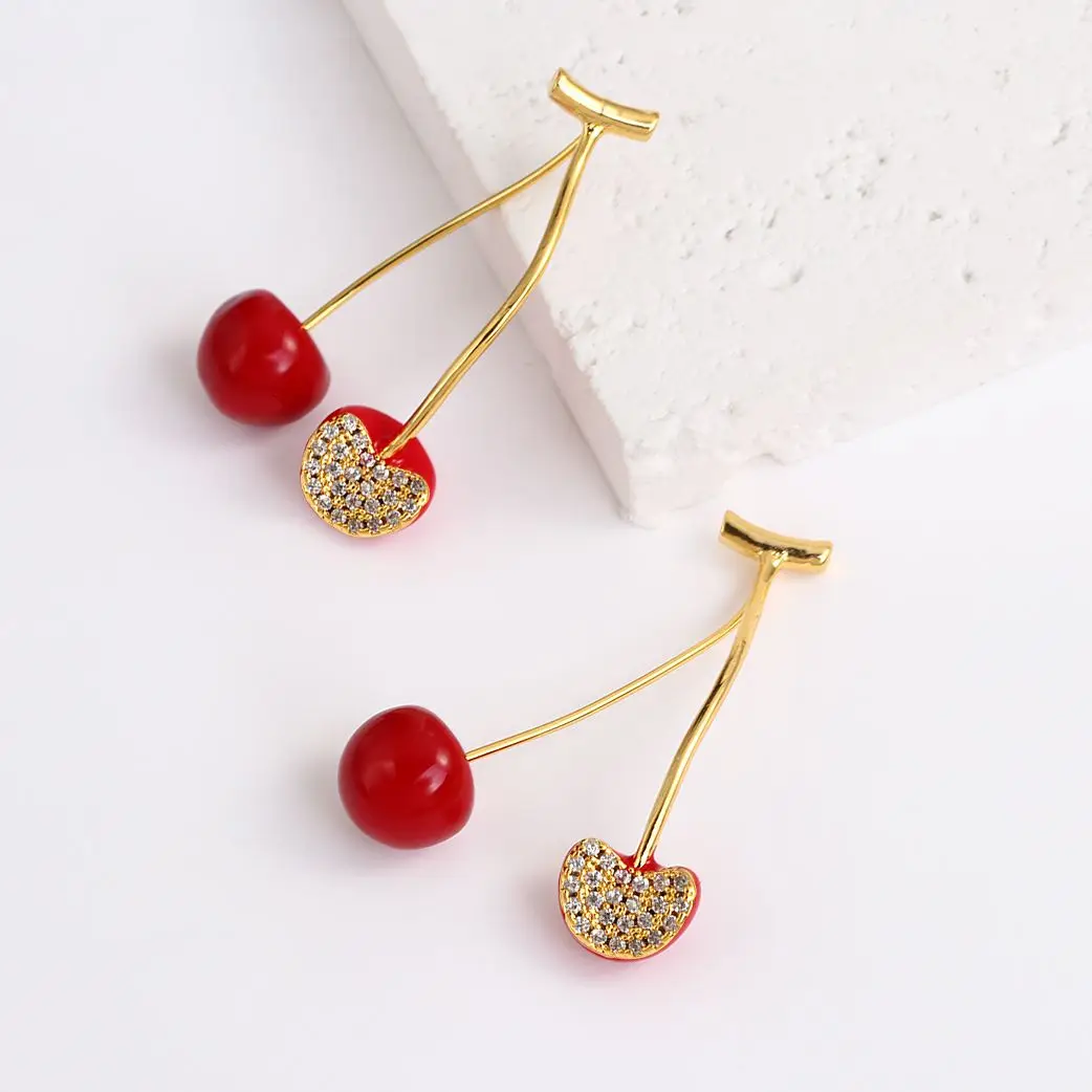 

AENSOA Unique Design Rhinestone Red Cherry Earrings for Women Sweet Gold Color Metal Resin Fruit Drop Earrings Party Jewelry