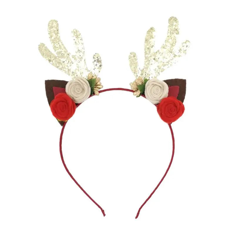 

Adult Kids Christmas Deer Antler Headband with Artificial Flowers Hair Hoop Prop