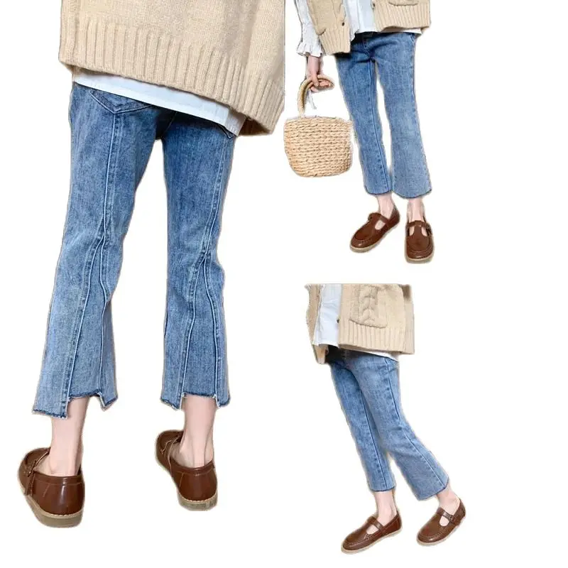 

Осенние 9-точечные брюки для девочек, Женские джинсы-клеш с изображением сокровищ, Детские хлопковые брюки с высокой талией P5737