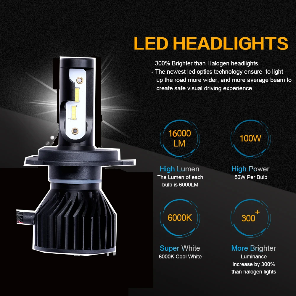 CarTnT 2 шт. H7 светодиодная лампа H8 H4 LED H11 9005 HB3 Автомобильные фары 9006 HB4 BulbsL16000LM 100 Вт 6000