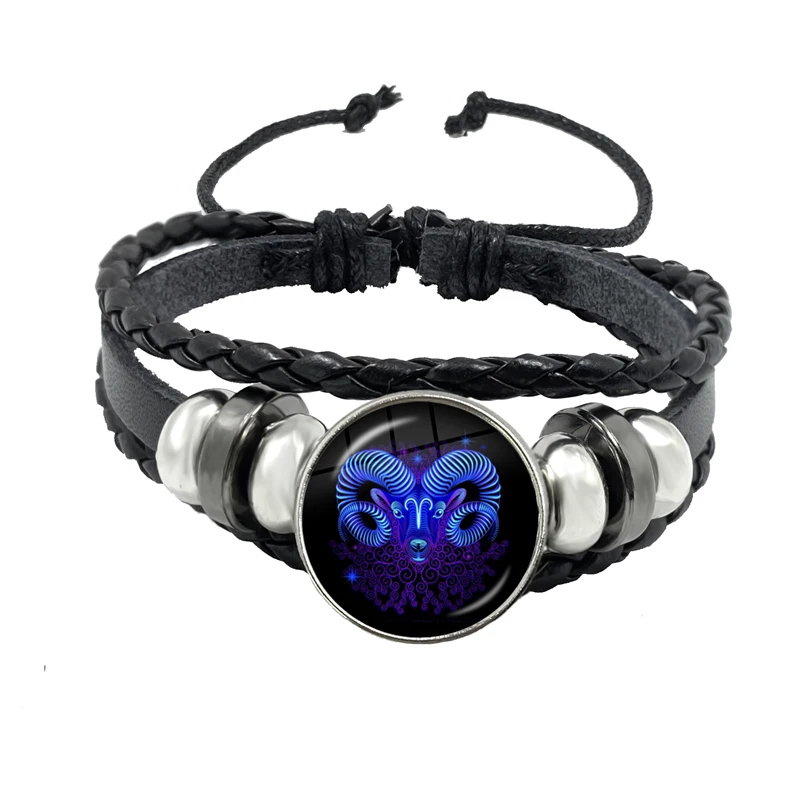 12 Constellations Bracelet Personality Rope Black Button Leather Glass Male Female Fashion Accessories Gift | Украшения и