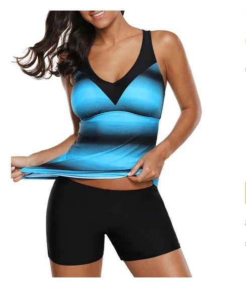 Женский купальник Танкини в полоску размера плюс с укороченным топом и шортами