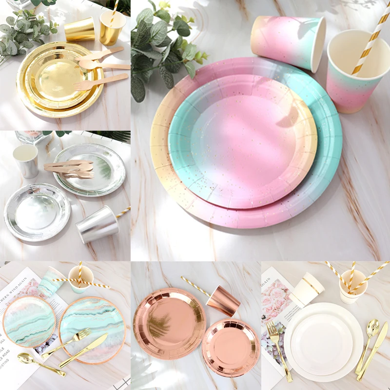 

Golden Rose Party Disposable Tableware Set Banquet Table Decoration Paper Cup Dinner Plate Straw Wedding Birthday Party Supplies