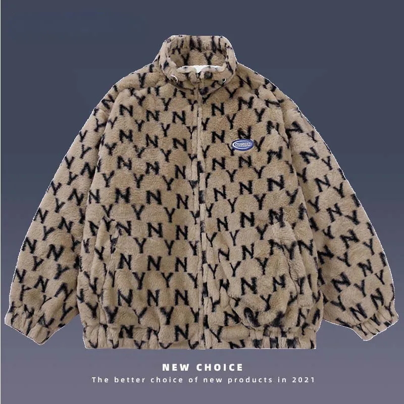 

Fleece Parkas Men Streetwear Retro Furry Letter Full Print Thick Zipper Coats Harajuku Hip Hop Warm Soft Casual Overcoat Couples