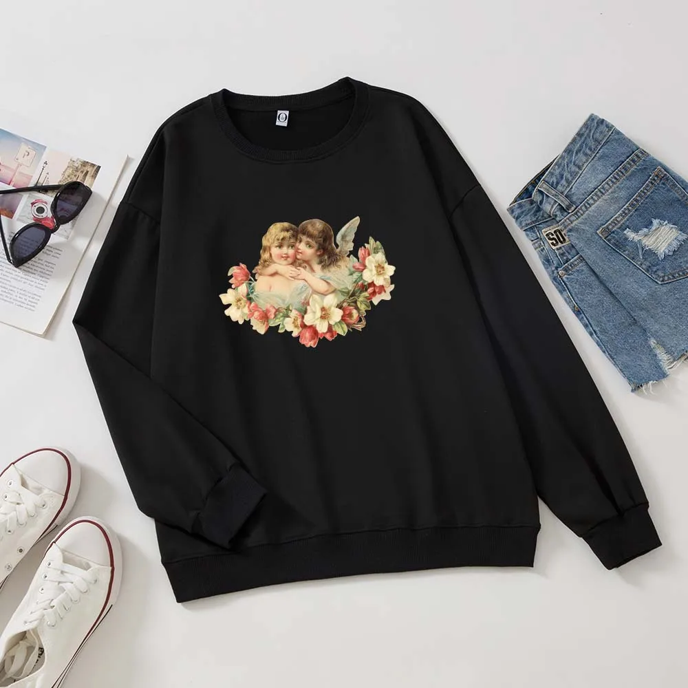 

Повседневные женские толстовки в стиле Харадзюку с графическим рисунком и круглым вырезом, Толстовка Оверсайз, Осенний хлопковый пуловер, Женский свитшот с принтом ангела Y2K