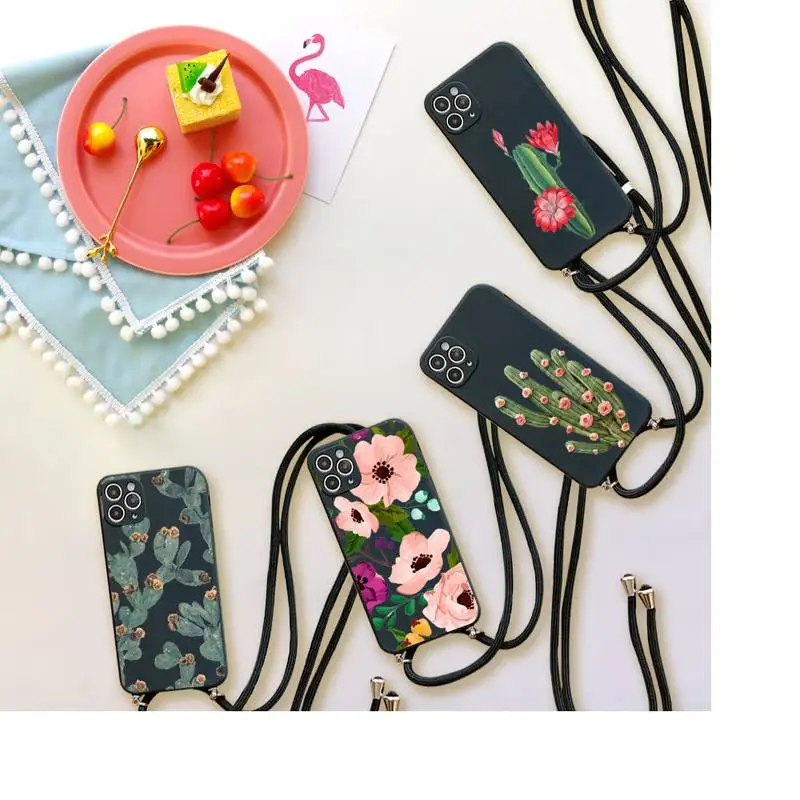 

Cute cactus Phone Case For iPhone 7 8 11 12 X XS XR MINI Pro Max Plus Strap Cord Chain Lanyard soft