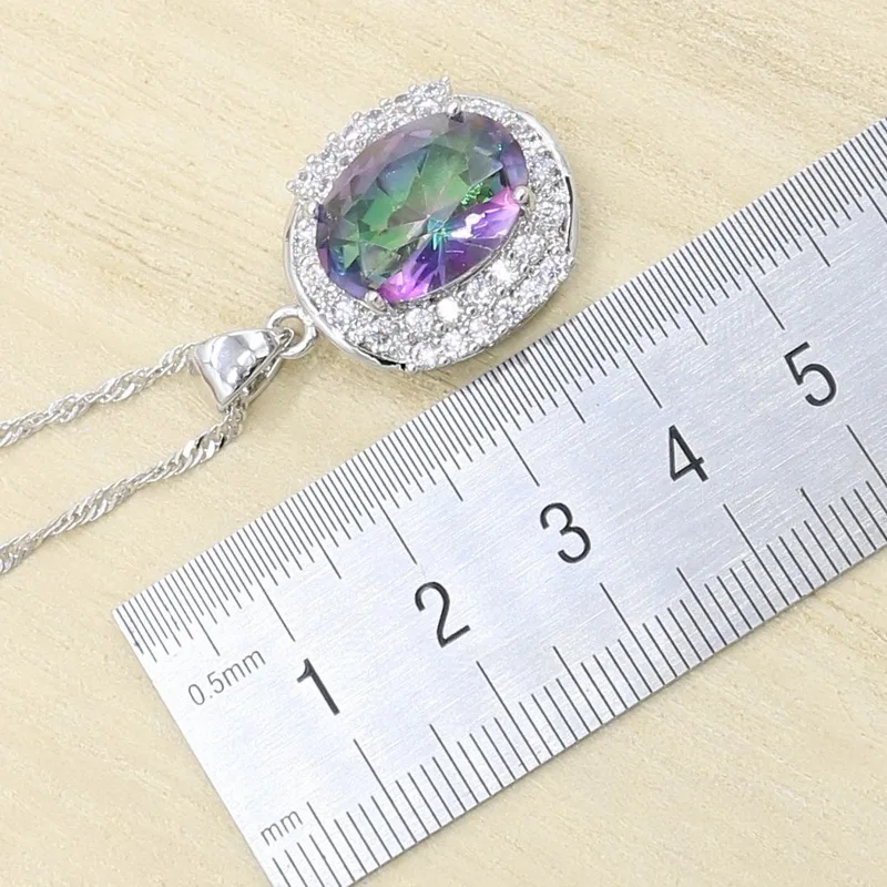 Multicolor Rainbow Crystal Silver Color Jewelry Set for Women Bracelet Earrings Necklace Pendant Ring Birthday Gift | Украшения и