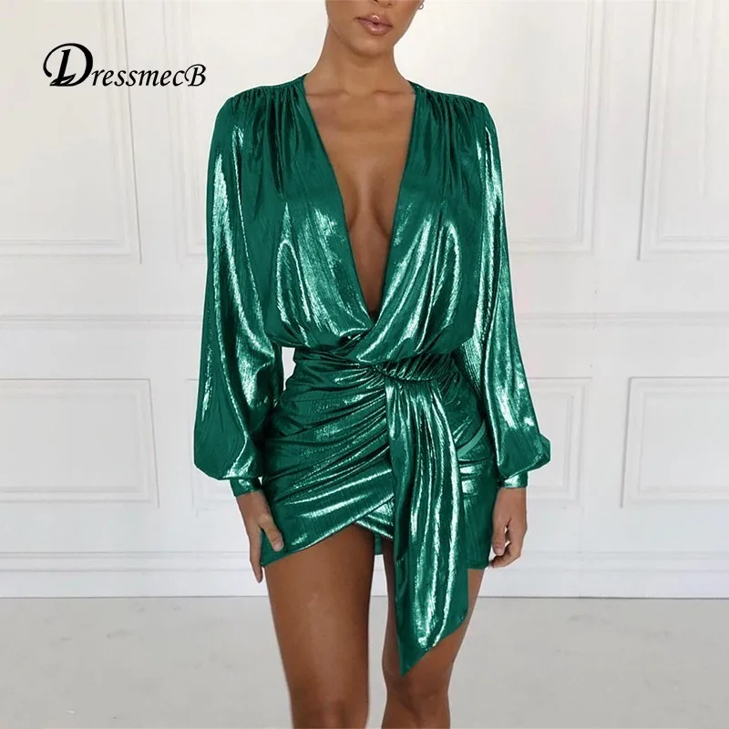 Dressmecb глубокий v-образный вырез Бандажное сексуальное платье для женщин с рюшами