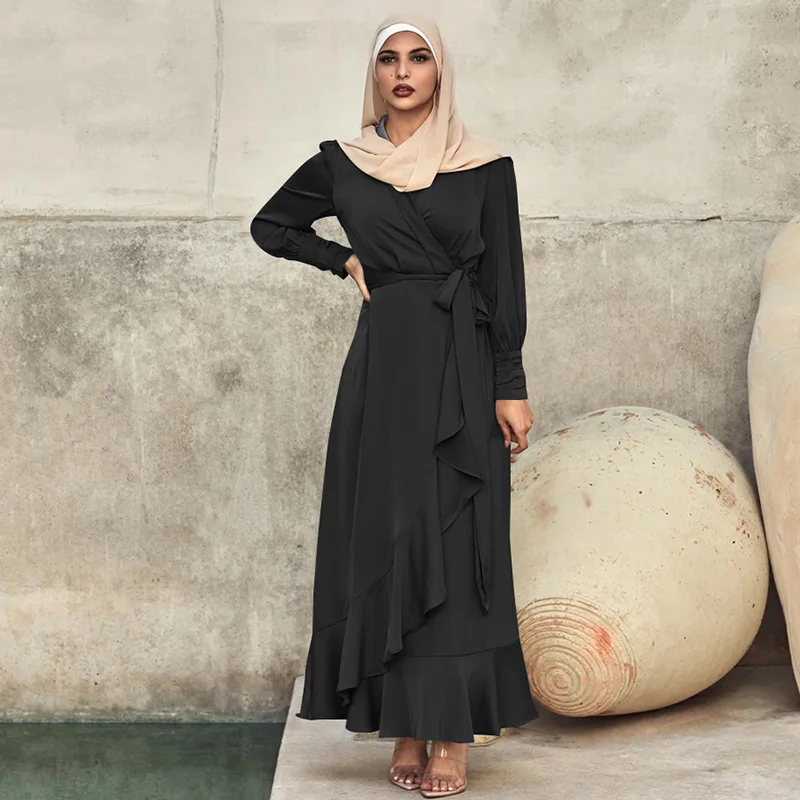 

New Muslim Islamic Eid Mubarak Black Prayer Robe Irregular Ruffled Abaya Dubai Clothing Lace-up Long Kaftan Middle East Dress