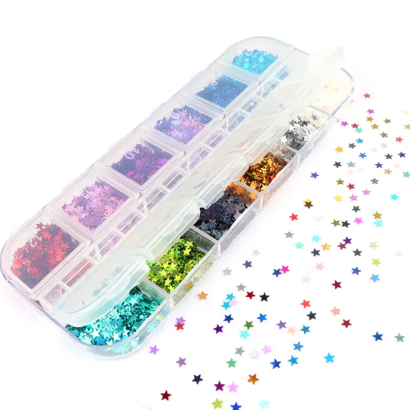 

12Set Laser Star Nail Sequins for Nails Colorful Flakes Paillette Tool Nail Art Decorations DIY Design Supplies Wholesale