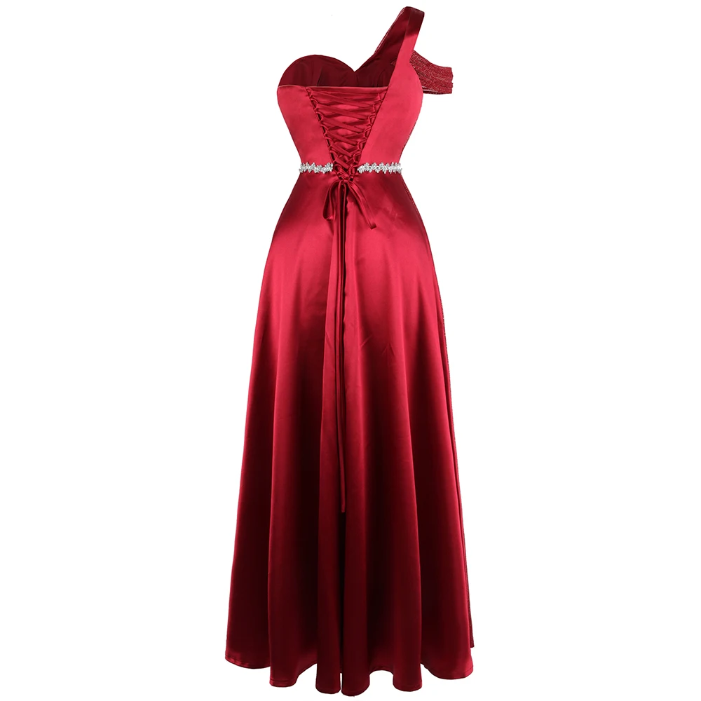 Angel-fashions женское платье на одно плечо, с рюшами, шелковое, с бисером, на шнуровке, ТРАПЕЦИЕВИДНОЕ платье для выпускного вечера, вечерние, атласное, красное, J-191010-S