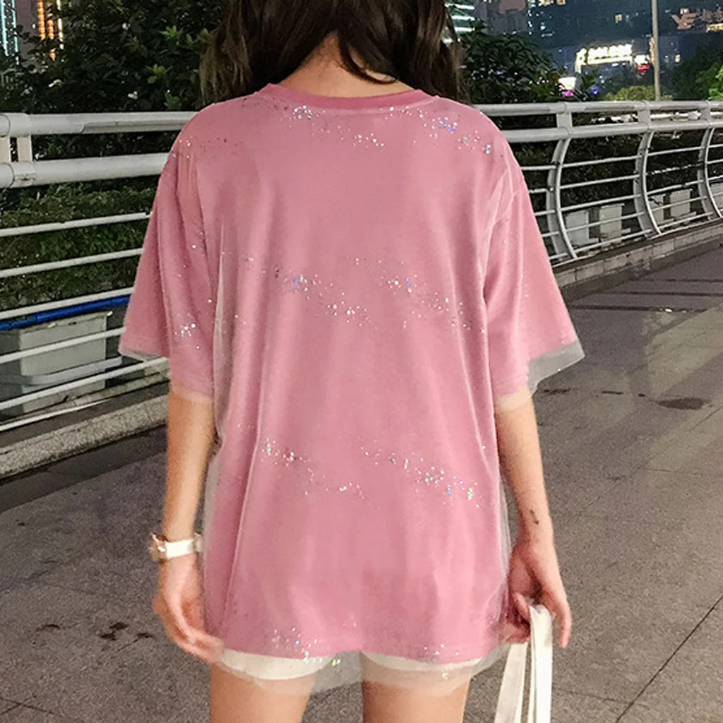 

Casual T-shirt Women Sexy Sequined Mesh Loose Fake Two-Piece Short-sleeved Tops Harajuku Sweet Cute Girls Tee Tops Outwear Z0228