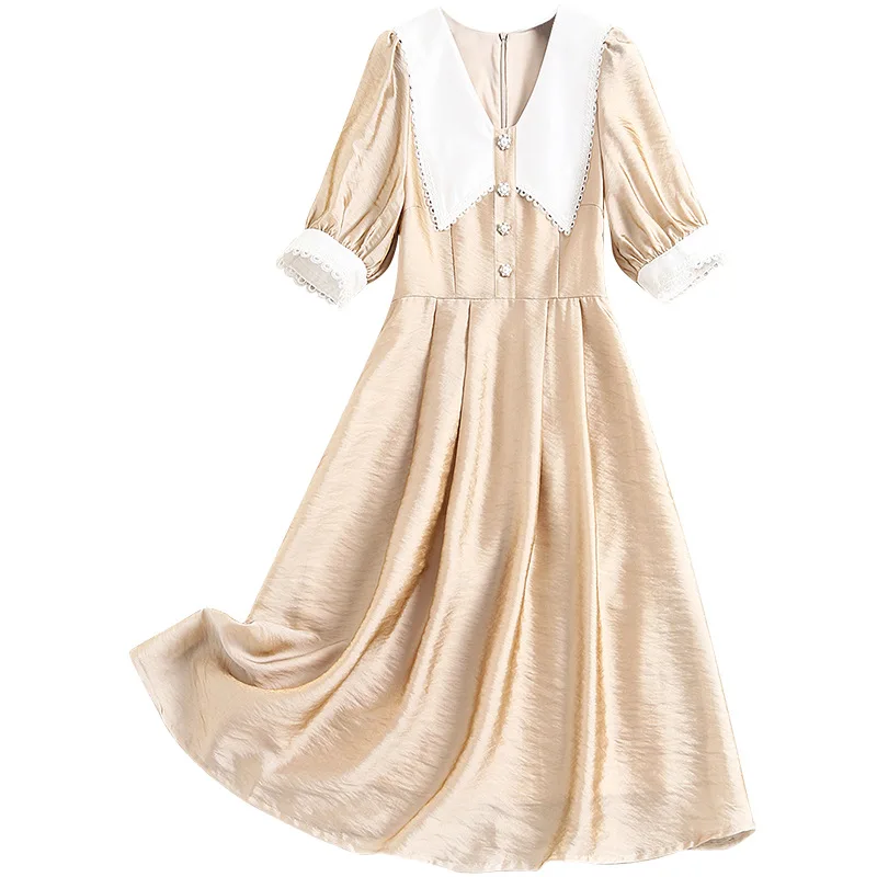 

Women lantern sleeve summer dress new 2021 lace trim white peter pan collar pearls button a-line cute dresses high-end quality