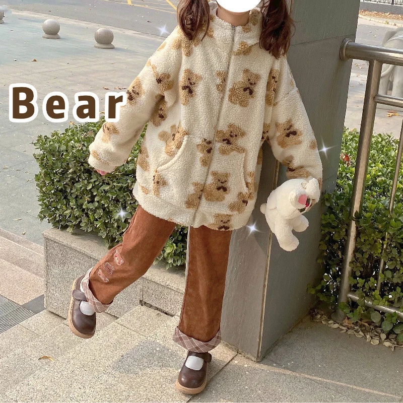 Cute Zipper Women Hoodies 2022 Winter Faux Fur Loose Kawaii Girl Bear Graphic Soft Teddy Coat Korea Thickened Warm Pocket Jacket