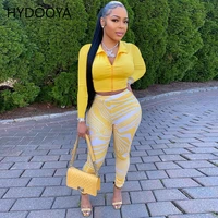 women yellow two 2 piece set long sleeve zipper mini blouses and print legging matching set outfits autumn streetwear tracksuits