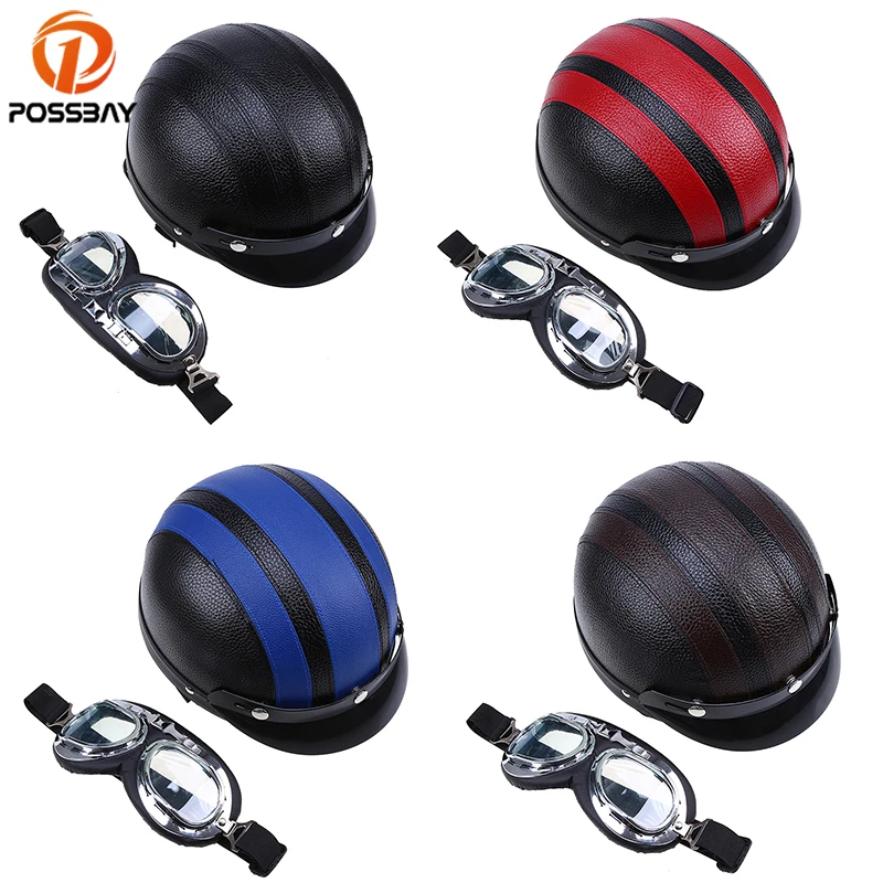 Винтажный мотоциклетный шлем POSSBAY полулицевые кожаные шлемы защитные очки с УФ
