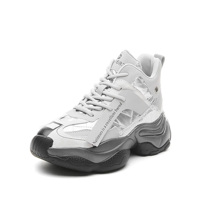 

Clunky Sneaker New Style Cotton Round Toe Leather Sneakers with Lace-Up Front Dad Shoes Women's High-Top Platform Casual Shoes