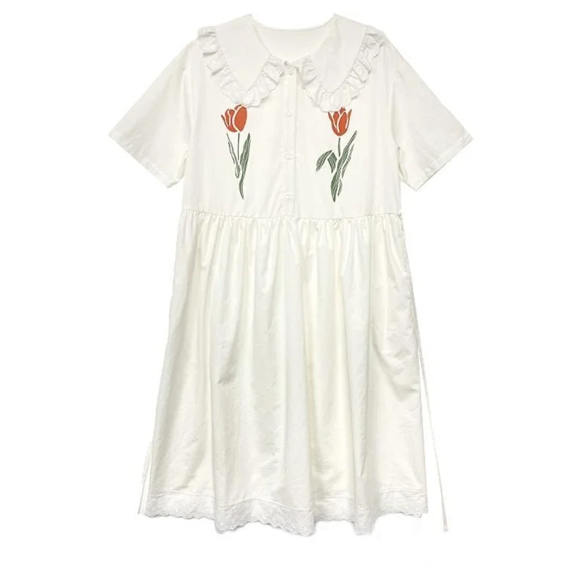 

QWEEK Casual Women's Dresses Japanese Sweet White Kawaii Peter Pan Collar Elegant Party Lace Dress 2021 Robe Trendy Female Chic