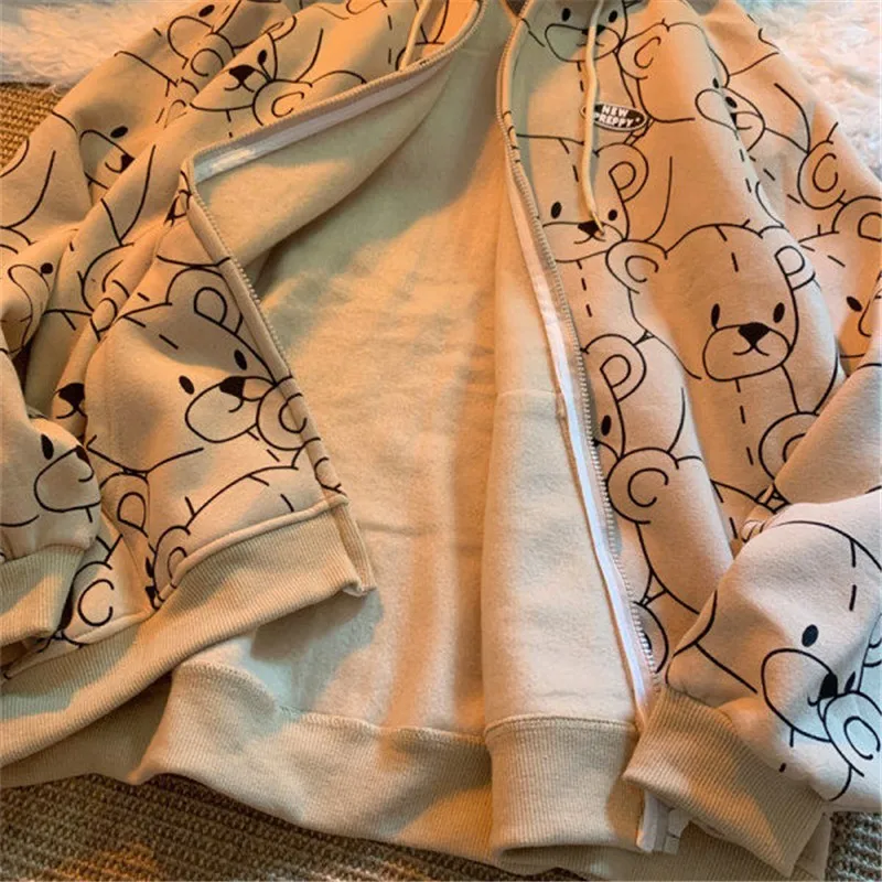 Autumn Winter Long Sleeve Hoodie Sweetshirt Clothes Women 2021 Fashion Zip Up Cute Bear Hoodies Vintage Coat Loose Harajuku Top