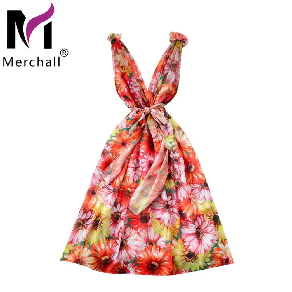 

Summer Holiday Sleeveless Chiffon Dress 2022 Women Fashion V Neck Backless Bow Sashes A Line Flower Print Boho Beach Dress M7408