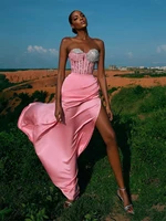 pink sweetheart beading slit evening gowns sleeveless mermaid dresses for women 2021 elegant vestidos de gala
