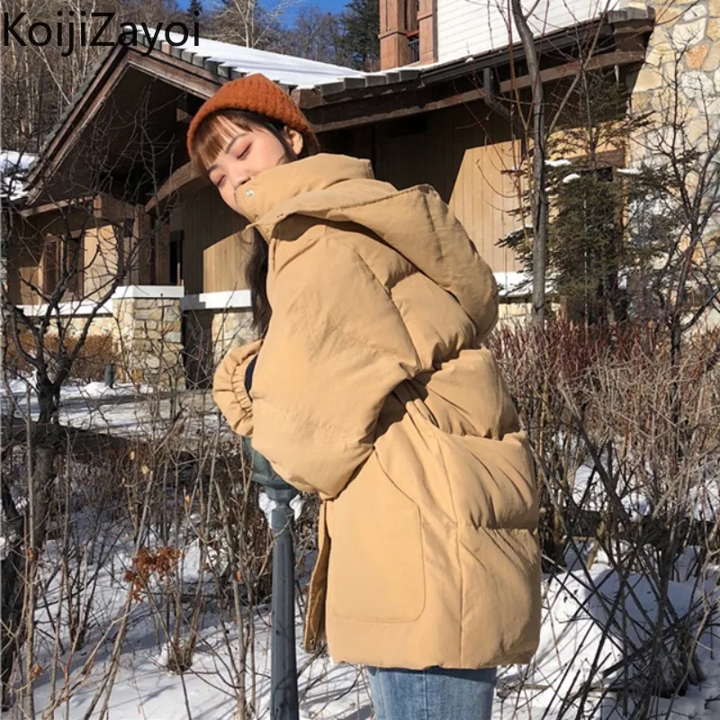 

Koijizayoi Women Fashion Winter Quilted Coat Solid Lady Thicken Warm Parkas Hooded Collar Korean Winder Breaker Loose Jacket