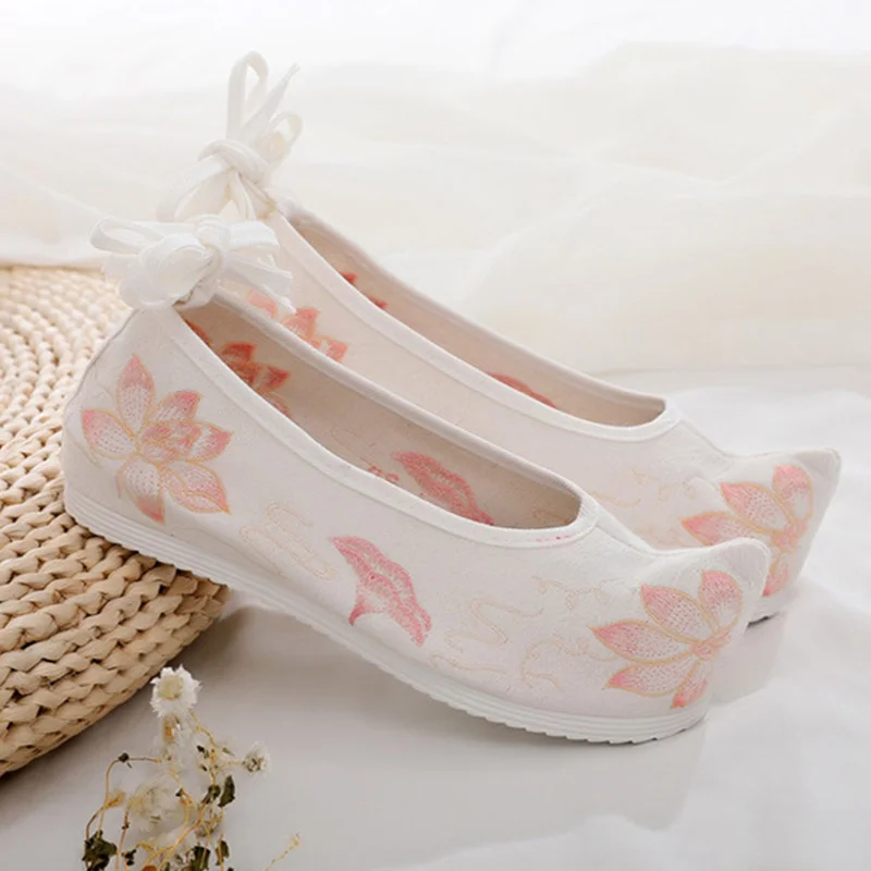 

Hanbok Shoes Women's Ancient Elevator Everted Toe Embroidered Shoes National Style Matching Ancient White Lace-up Bow Shoes