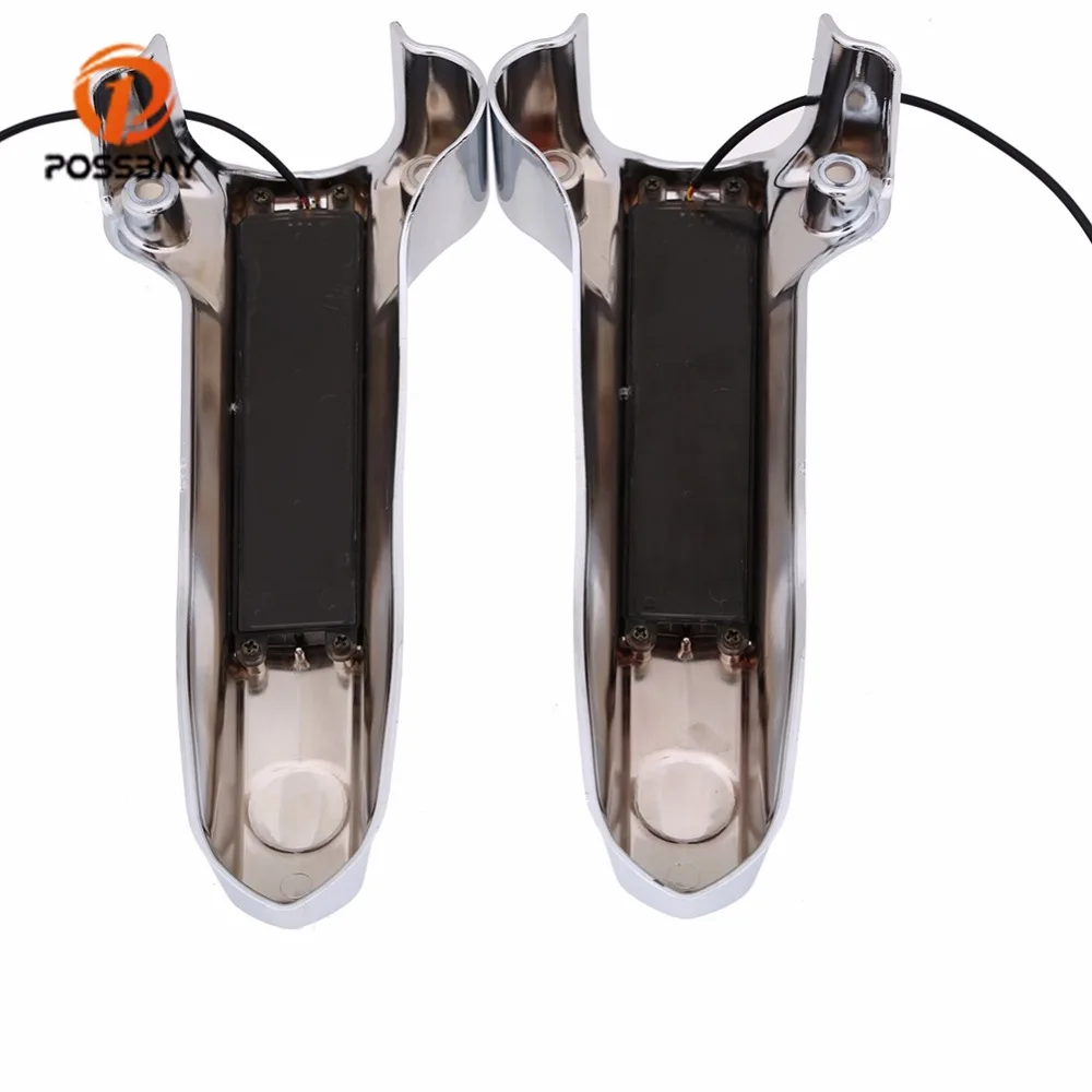 POSSBAY Sliver Motorcycle Front Lower Fork Leg Covers Red LED Case Turn Signal Light for 2014 and Later Harley Davidson FLHT |