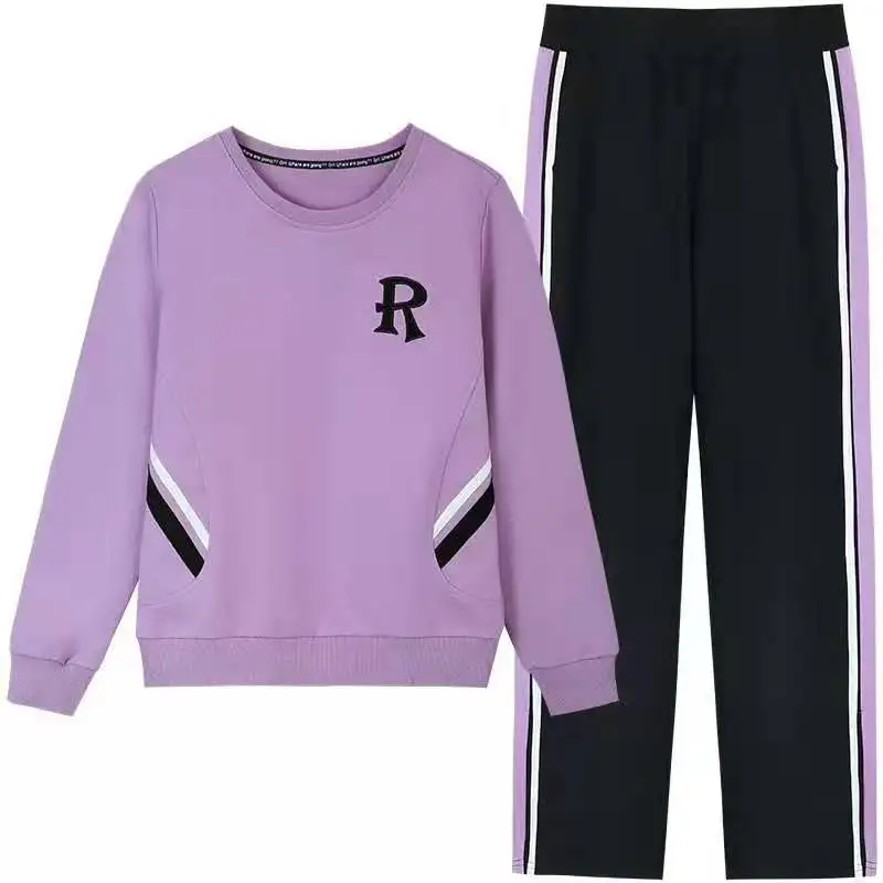 

Spring Autumn New 2 Piece Set Temperament Loose Solid Color Shirt and Stripe Pants Two Piece Set Purple Yellow Red Pink