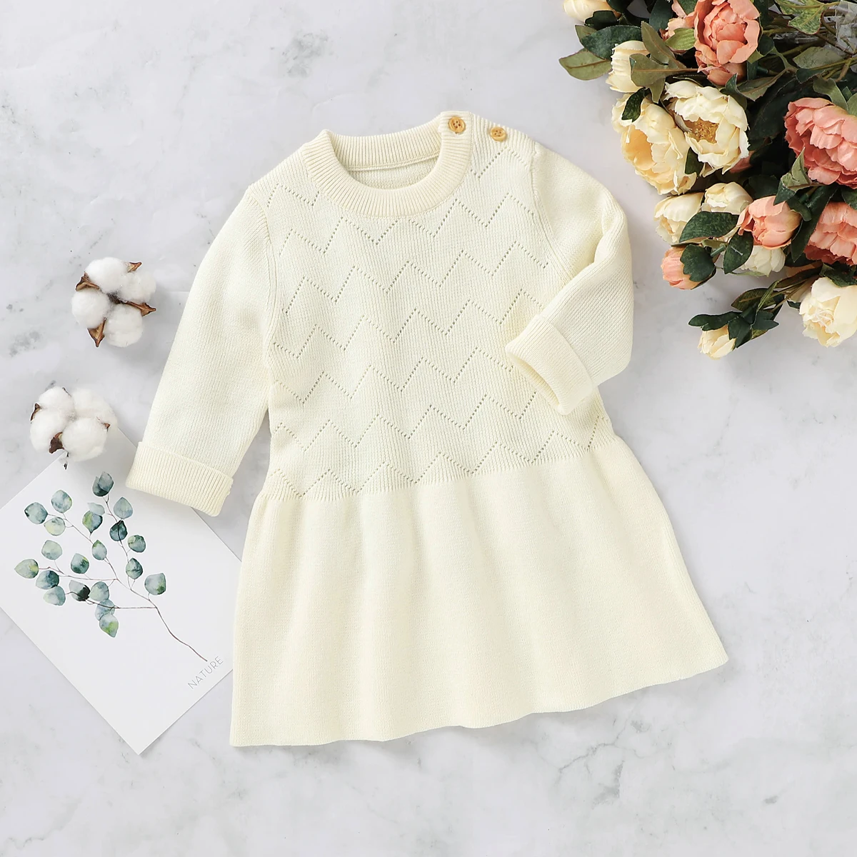

Baby Girls 3M-18M Knitted Dress Spring Autumn Toddlers Sweet Style Solid Color Long Sleeve Princess Skirt for Vacation Travel