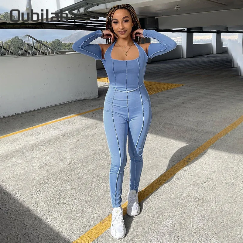 

Комбинезон женский осенний, пикантный однотонный боди с открытыми плечами и длинным рукавом, облегающие брюки, цельный комбинезон, женская ...