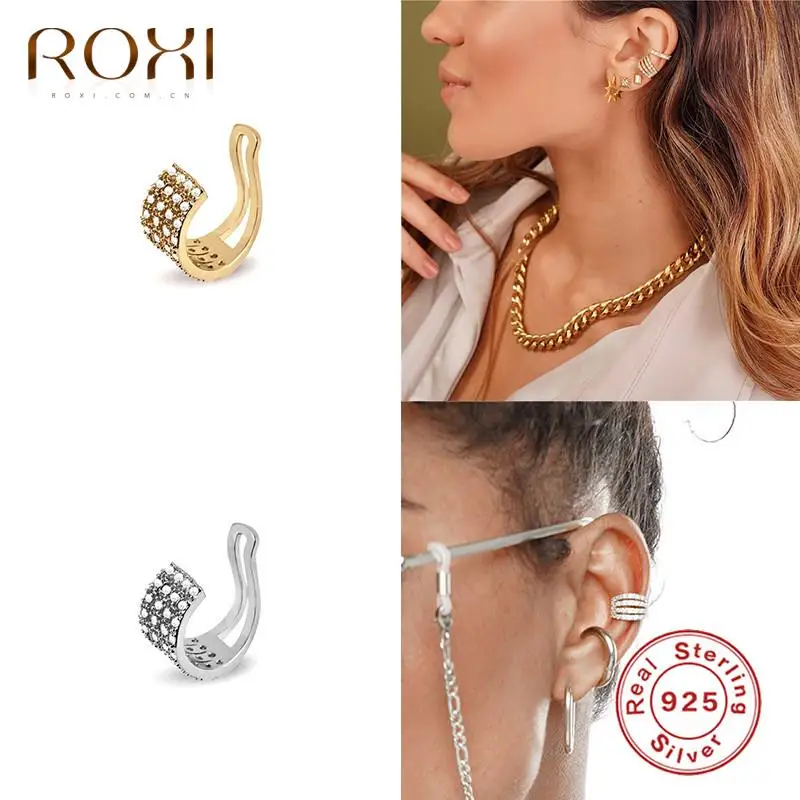 

ROXI ins Four Rows Diamonds Geometry Clip on Earring for Women 925 Sterling Silver Non-Piercing Fake Cartilage Earring Jewelry
